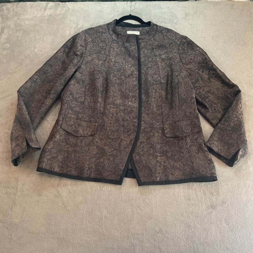 Coldwater Creek Shaped Blazer W18 Bronze Black Paisley Jacquard Mandarin Collar